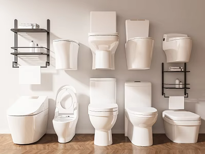 Modern Bathroom Showroom Displaying Multiple Types Of Toilets Including Wall Mounted And Floor Standing 3d model