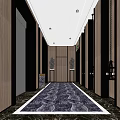Modern Elevator Hallway With Wooden Walls Patterned Carpet And Ceiling Lights 3d model
