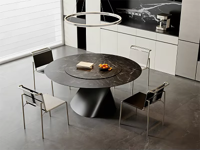 Modern Minimalist Round Marble Dining Table Set With Metal Frame Chairs And Pendant Light 3d model