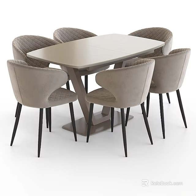 Modern Rectangular Dining Table Set With Light Gray Armchairs And Black Legs 3d model 
