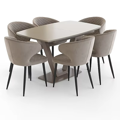 Modern Rectangular Dining Table Set With Light Gray Armchairs And Black Legs 3d model