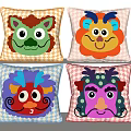 Decorative Throw Pillows Featuring Cute Animal Cartoon Faces And Checkered Patterns