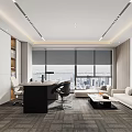 Modern Office Interior Design With Large Windows City View Desk And Sofa 3d model