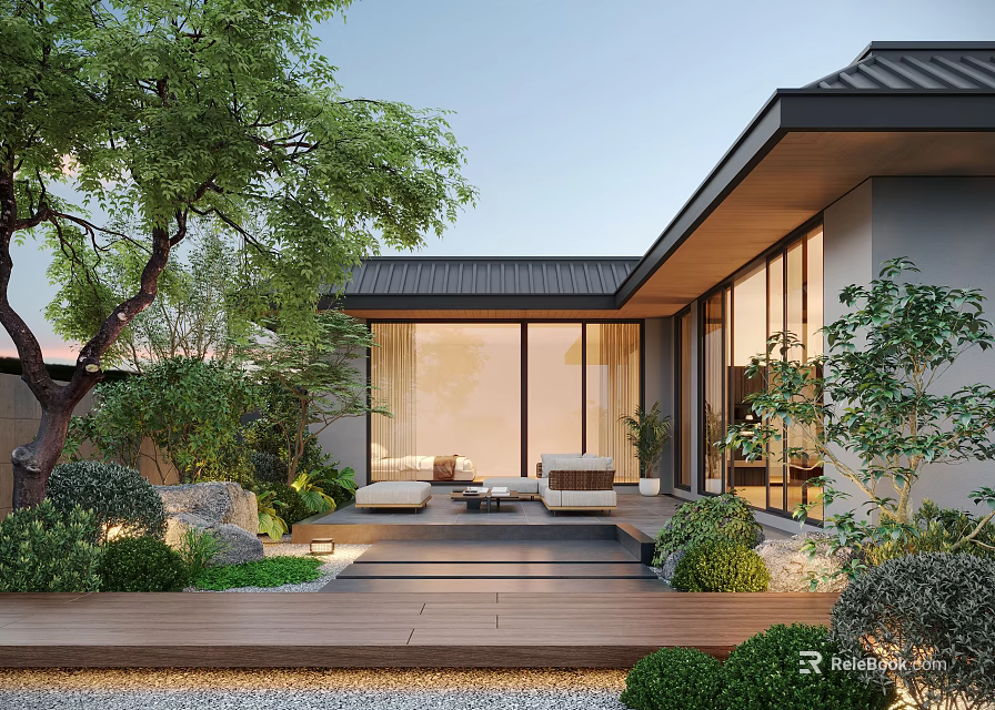 Modern Courtyard Garden With Wooden Deck Outdoor Sofa Green Plants Stones Tree And Glass Doors 3d model 