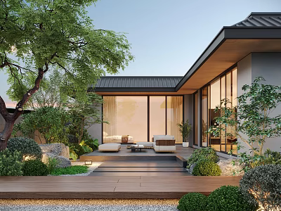 Modern Courtyard Garden With Wooden Deck Outdoor Sofa Green Plants Stones Tree And Glass Doors 3d model