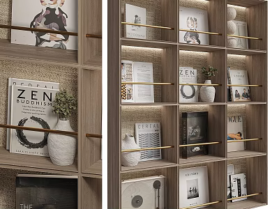 Modern Wooden Bookcase Interior Design With Gold Metal Bars Books Green Plants And Decorations 3d model