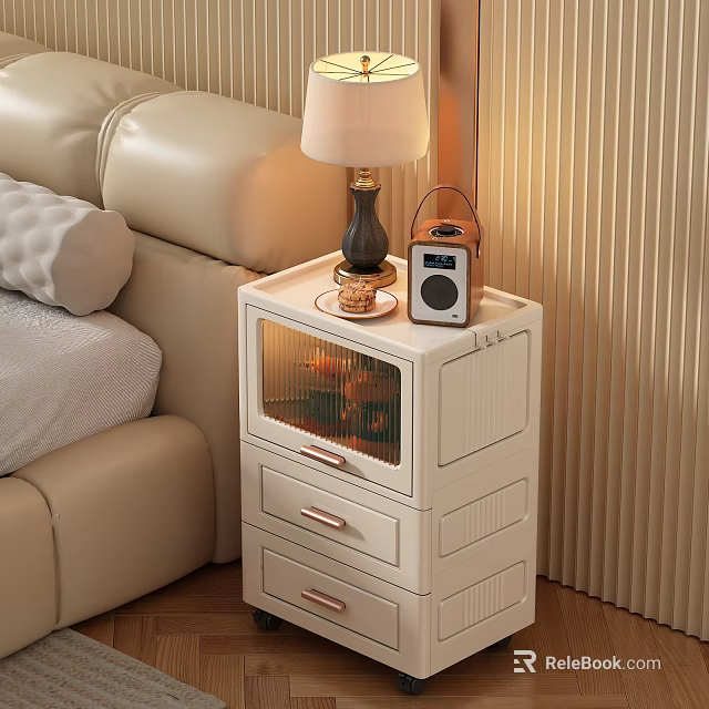 White Bedside Table With Drawers Glass Door Topped With Table Lamp And Radio 3d model 