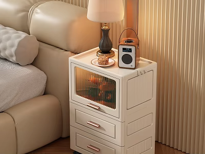 White Bedside Table With Drawers Glass Door Topped With Table Lamp And Radio 3d model