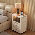 White Bedside Table With Drawers Glass Door Topped With Table Lamp And Radio