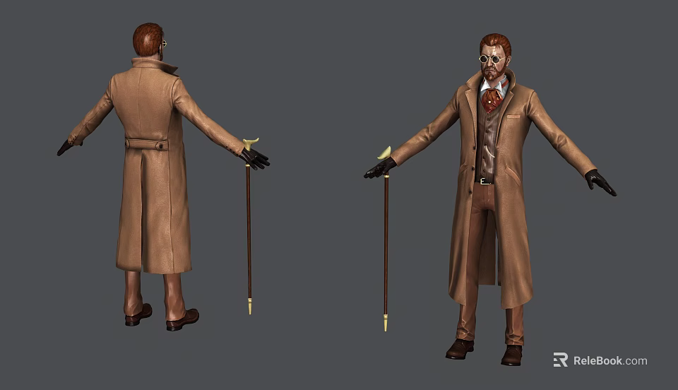 Game and Movie Character in Brown Long Coat with Hat Cane Vest and Mask Makeup 3d model 
