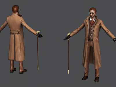 Game and Movie Character in Brown Long Coat with Hat Cane Vest and Mask Makeup 3d model