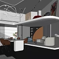 Modern Public Office Area Interior With Open Design Desks Chairs Circular Lights And Sofa