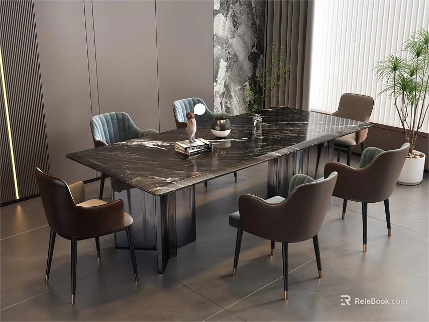 Modern Dining Table Set With Marble Top Metal Legs And Brown Blue Upholstered Chairs 3d model 