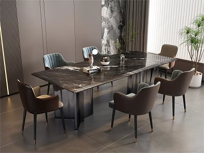 Modern Dining Table Set With Marble Top Metal Legs And Brown Blue Upholstered Chairs 3d model