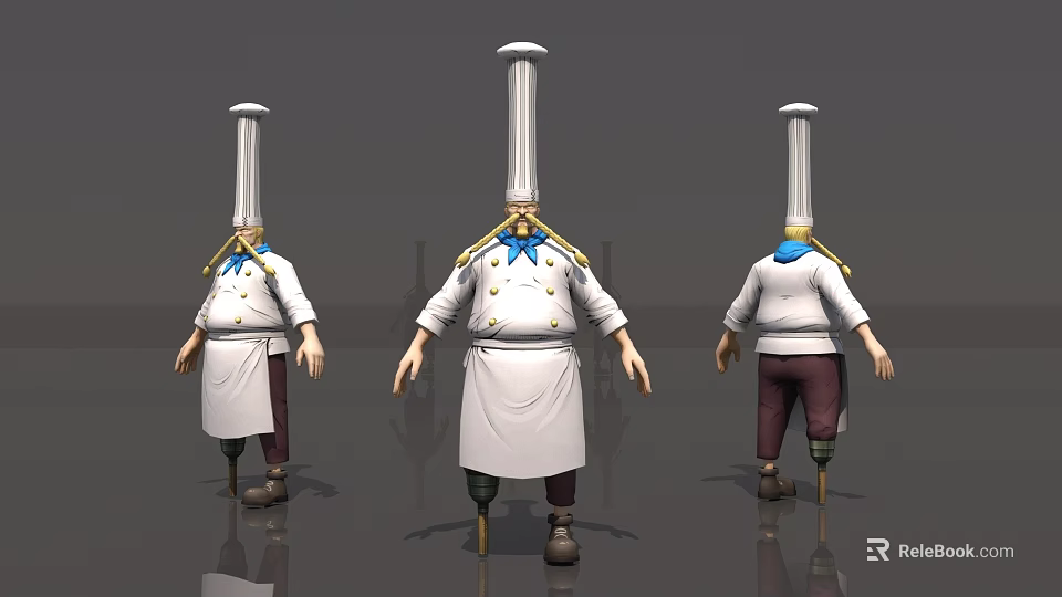 Game Cinematic Chef Character With Tall White Hat Blue Scarf And Metal Leg Supports 3d model 