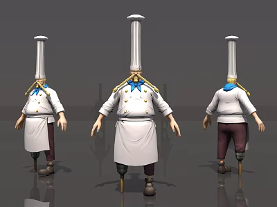 Game Cinematic Chef Character With Tall White Hat Blue Scarf And Metal Leg Supports 3d model