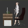 Modern Unique Office Desk With White Base Brown Slanted Stripes Black Chair Monitor And Green Plant