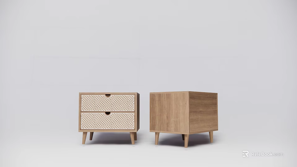 Modern Wooden Bedside Tables With Rattan Drawer And Natural Wood Design 3d model 