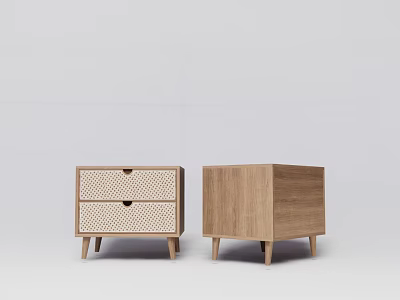 Modern Wooden Bedside Tables With Rattan Drawer And Natural Wood Design 3d model