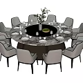 Modern Round Dining Table Set With Chairs Tableware Wine Glasses and Decorative Plant 3d model