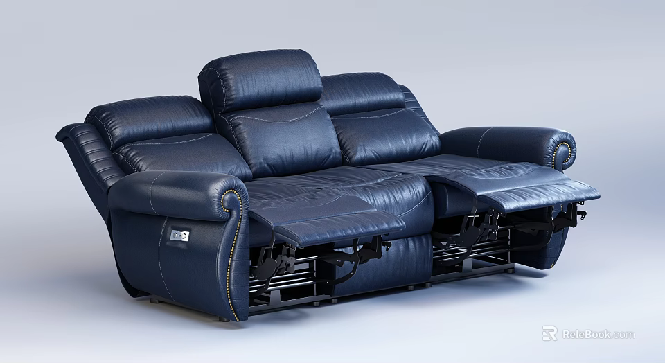 Modern Comfortable Leather Reclining Three-Seater Sofa With Stitch Detail For Living Room 3d model 