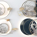 Elegant Modern Circular Wall Decor with Gold Frame Silver Dragon and Cloud Patterns 3d model