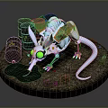 Metallic Cyber Rat With Glowing Green Eyes And Oil Drums Leaking Green Liquid