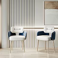 Modern Blue And White Upholstered Chairs With Light Legs In Interior With Striped Wall Artwork