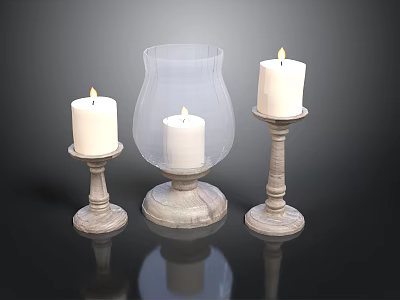 Elegant Wooden Candle Holders With Lit Candles And Glass Cover 3d model