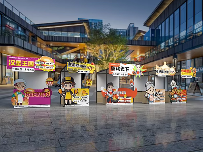 Colorful Street Food Stalls With Cartoon Characters Near Modern Buildings In Plaza 3d model