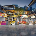 Colorful Street Food Stalls With Cartoon Characters Near Modern Buildings In Plaza