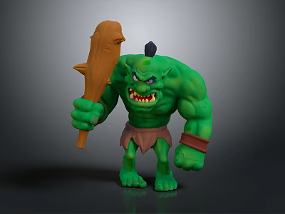 Green Skin Creature Character Holding Wooden Club With Angry Expression And Sharp Teeth 3d model