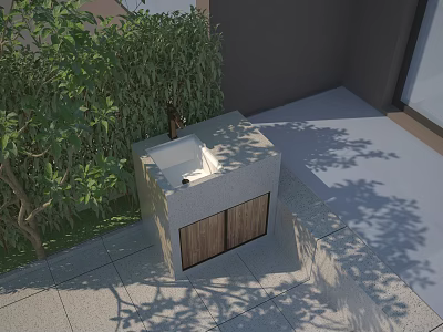 Outdoor Washbasin With Stone Countertop Wooden Cabinets And Green Plants In Courtyard 3d model