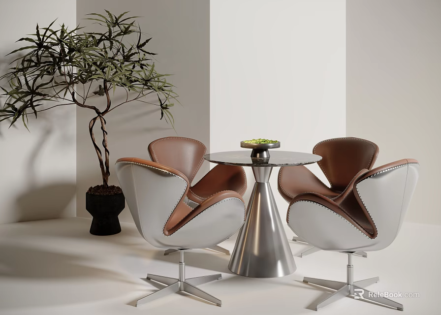 Modern Table Chair Set With White Brown Leather Seats Glass Top And Metal Base Green Plant 3d model 