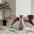Modern Table Chair Set With White Brown Leather Seats Glass Top And Metal Base Green Plant