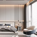 Modern Bedroom Interior Design With Large Bed Minimalist Headboard Hanging Lamps Wooden Floor And Rug