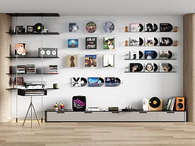 Modern Living Room Wall Decor With Vinyl Records Photos Shelves And Record Player 3d model