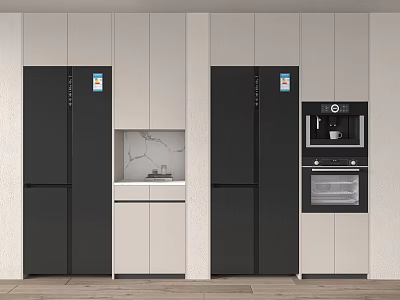 Modern Kitchen Featuring Black And Beige Cabinets Double Door Refrigerators Built In Coffee Maker Oven 3d model