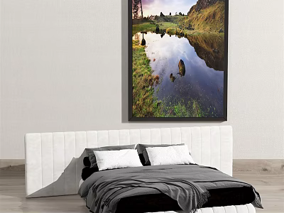 Double Bed with White Headboard Gray Blanket and White Pillows Under Scenic Landscape Painting 3d model