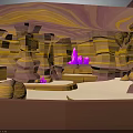 3D Rendered Canyon Terrain With Layered Rock Formations Orange Yellow Colors And Purple Spires