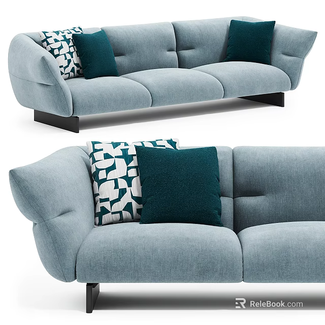 Light Blue Two-Seater Sofa with Green Cushions and Geometric Pattern for Comfortable Living 3d model