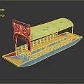 Traditional Decorative Water Transport Boat with Green Canopy Colorful Decorations Blue Yellow Hull and Seats