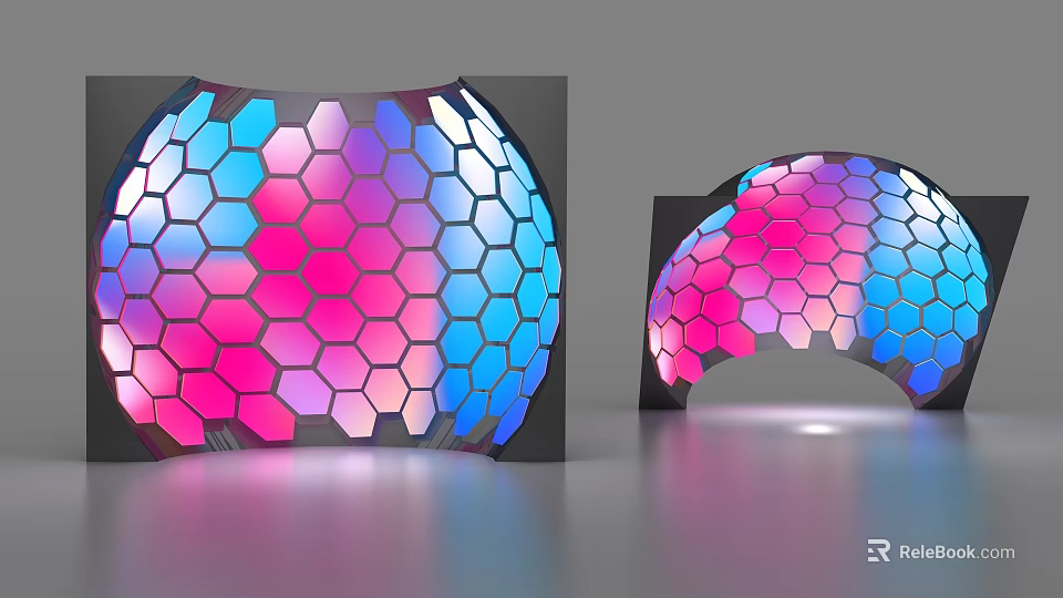 Modern Curved TV With Hexagonal Pattern And Gradient Pink Blue Purple Colors 3d model 
