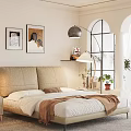 Modern Bedroom Interior With Beige Headboard Arched Window And Wall Paintings