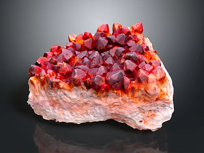 Elegant Red Crystal Cluster Decorative Ornament Set on Natural Rock Base 3d model