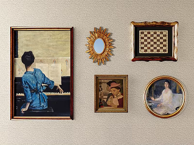 Decorative Wall Artworks With Framed Paintings And Sunburst Mirror Design 3d model