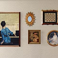 Decorative Wall Artworks With Framed Paintings And Sunburst Mirror Design