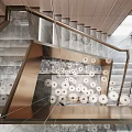 Modern Luxury Staircase With Glass Railing Brass Handrail And Hanging Pendant Lights