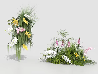 Floral Installation With Colorful Yellow Pink White Purple Blooms And Green Foliage 3d model