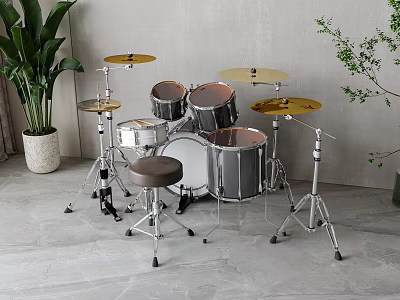 Stylish Drum Set With Cymbals Stool And Green Plants In Modern Gray Room 3d model